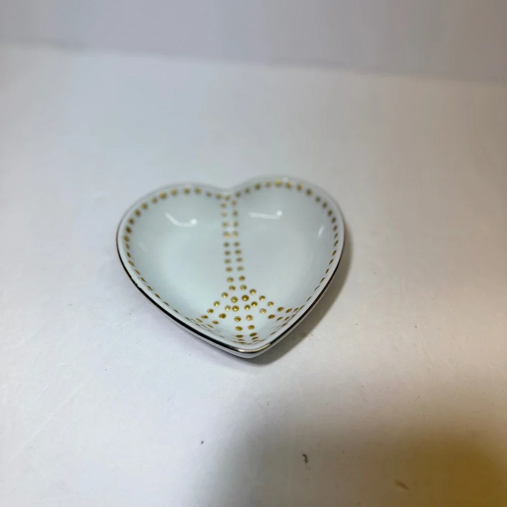 Pottery Barn Heart Trinket Dish White Ceramic Gold Dotted Peace Sign Decorative